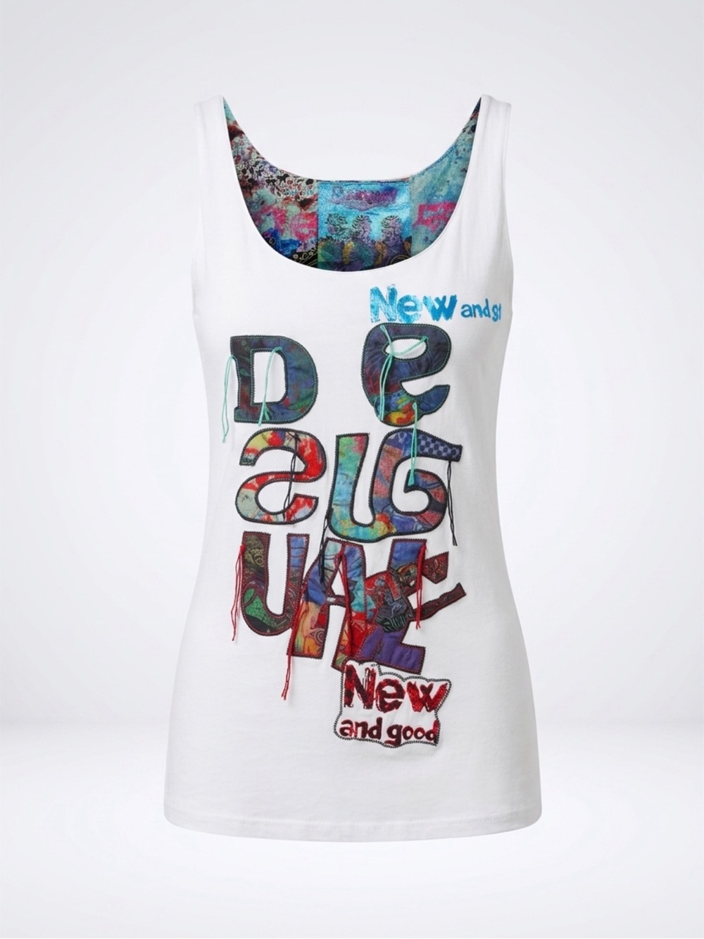 Desigual White Tank with Multicolor Patchwork Lettering